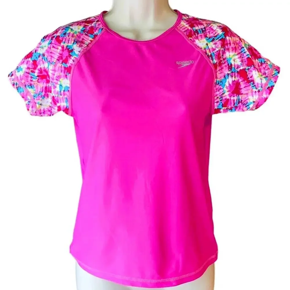 SPEEDO Bright Pink Tie Dye Rash Guard UV50+ Swimsuit Top Coverup ~ Size XL